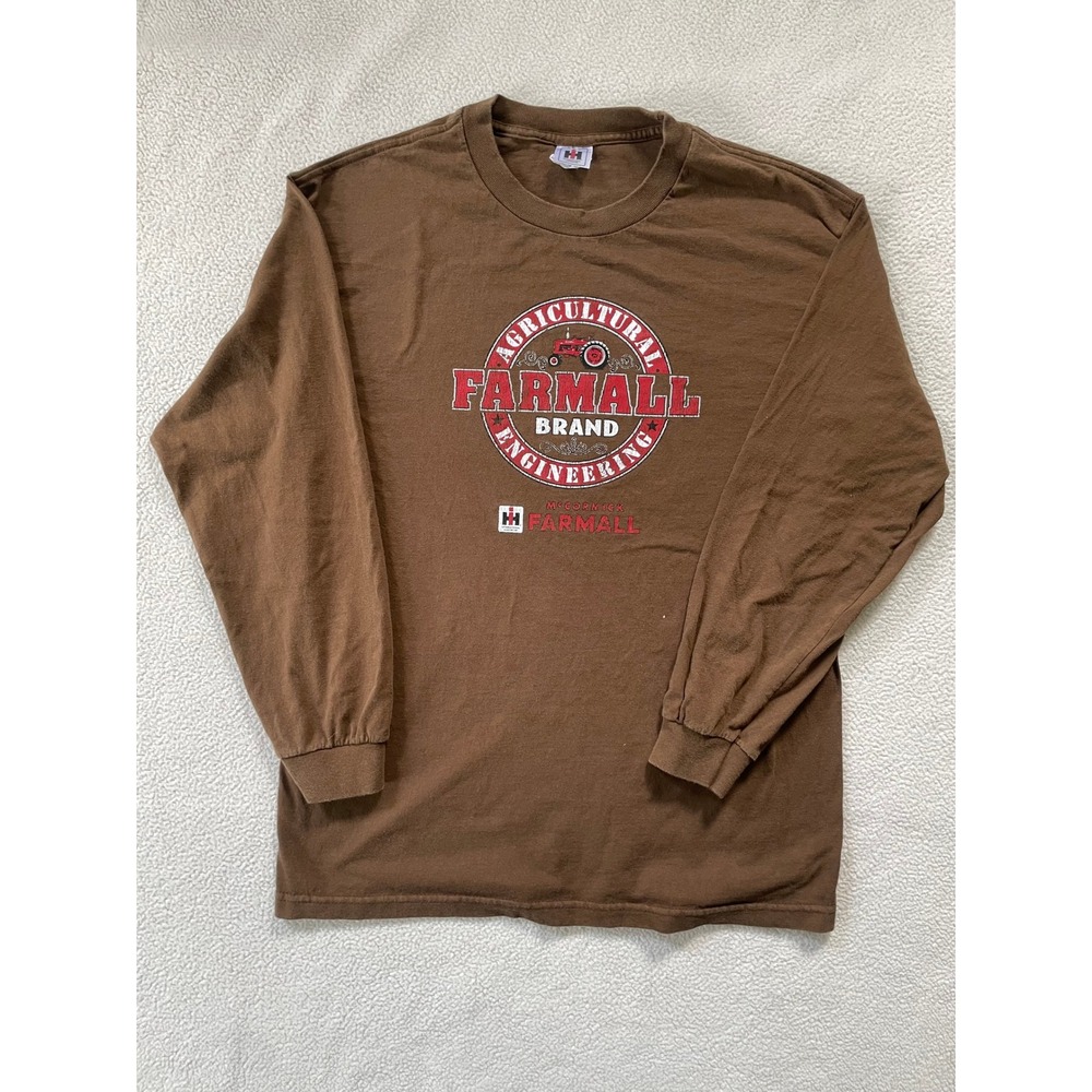 International Harvester Mens Large Long Sleeve T-Shirt Brown Farmall Graphic